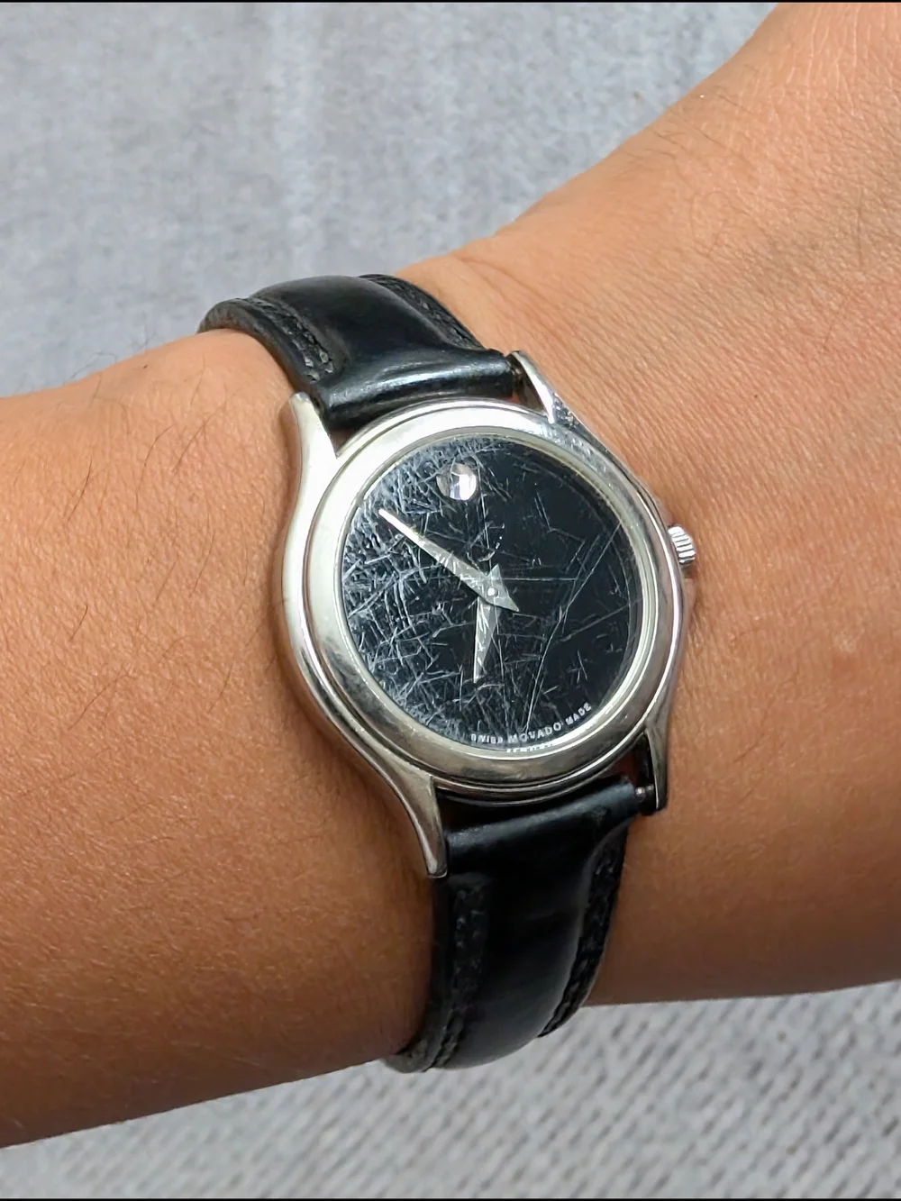 Movado Museum Black Dial Stainless Steel Watch with Black Leather Strap